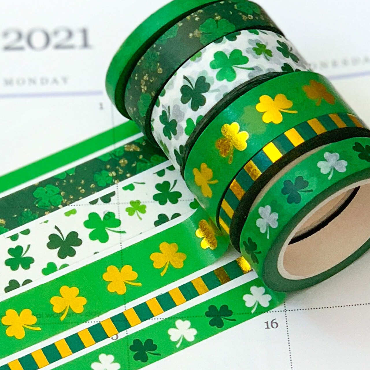 FOILED Shamrocks Green & Gold St Patricks Day Washi Tape Set (#W017)